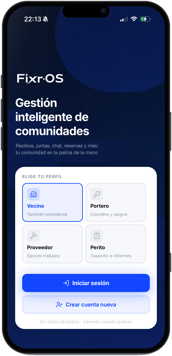 FixrOS app on iPhone, welcome screen with role selector
