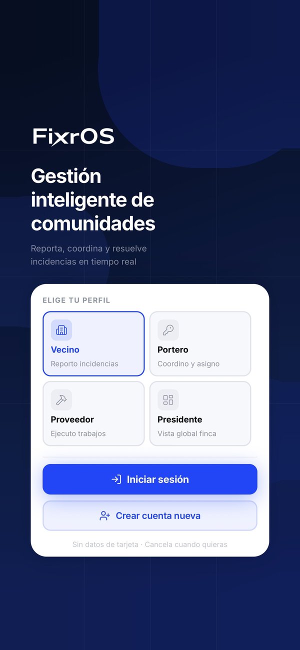 App FixrOS, pantalla de bienvenida con selector de perfil