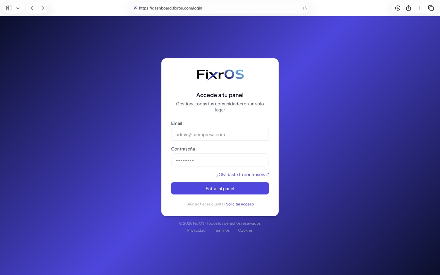 Dashboard FixrOS, pantalla de acceso al panel